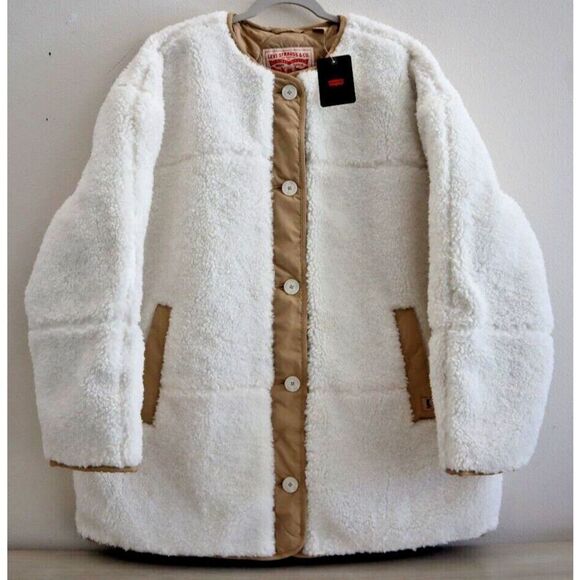 Levi’s Women's Sz L Beige/Cream Marlowe Oversized Reversible Sherpa Jacket - Picture 1 of 12